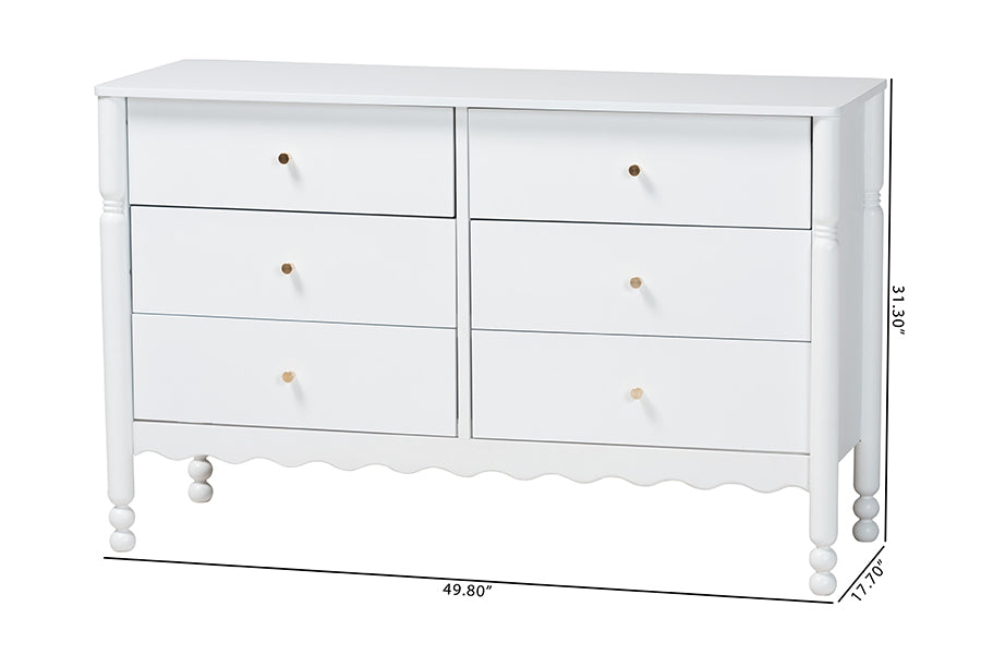 Baxton Studio Hoffman Dresser - 6-Drawer Horizontal Storage Cabinet with Scalloped Apron and Turned Legs for Bedroom, White