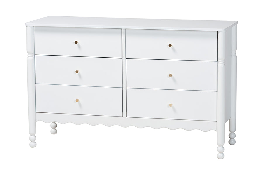 Baxton Studio Hoffman Dresser - 6-Drawer Horizontal Storage Cabinet with Scalloped Apron and Turned Legs for Bedroom, White