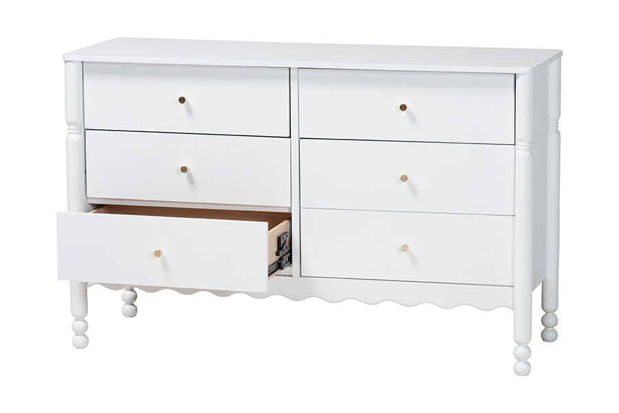 Baxton Studio Hoffman Dresser - 6-Drawer Horizontal Storage Cabinet with Scalloped Apron and Turned Legs for Bedroom, White