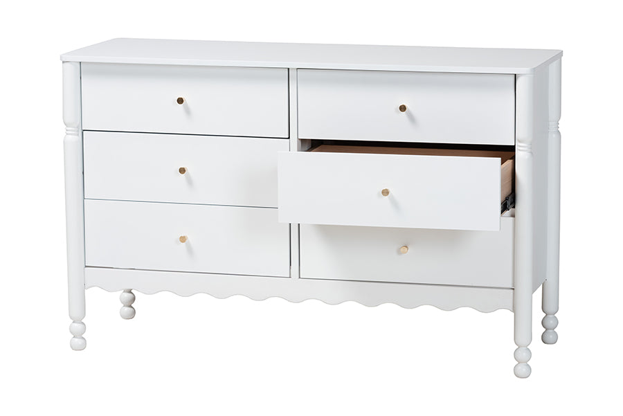 Baxton Studio Hoffman Dresser - 6-Drawer Horizontal Storage Cabinet with Scalloped Apron and Turned Legs for Bedroom, White