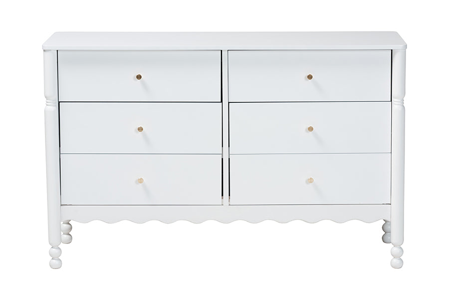 Baxton Studio Hoffman Dresser - 6-Drawer Horizontal Storage Cabinet with Scalloped Apron and Turned Legs for Bedroom, White