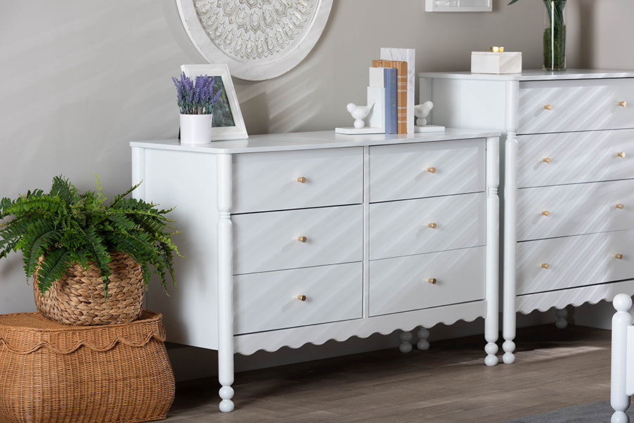 Baxton Studio Hoffman Dresser - 6-Drawer Horizontal Storage Cabinet with Scalloped Apron and Turned Legs for Bedroom, White