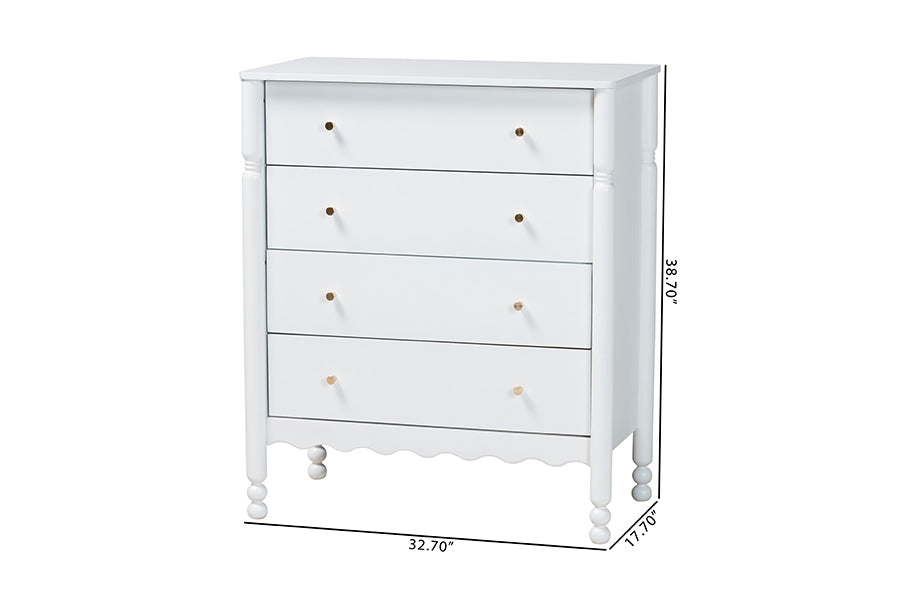 Baxton Studio Hoffman Chest - 4-Drawer Vertical Storage Cabinet with Scalloped Apron and Turned Legs for Bedroom, White