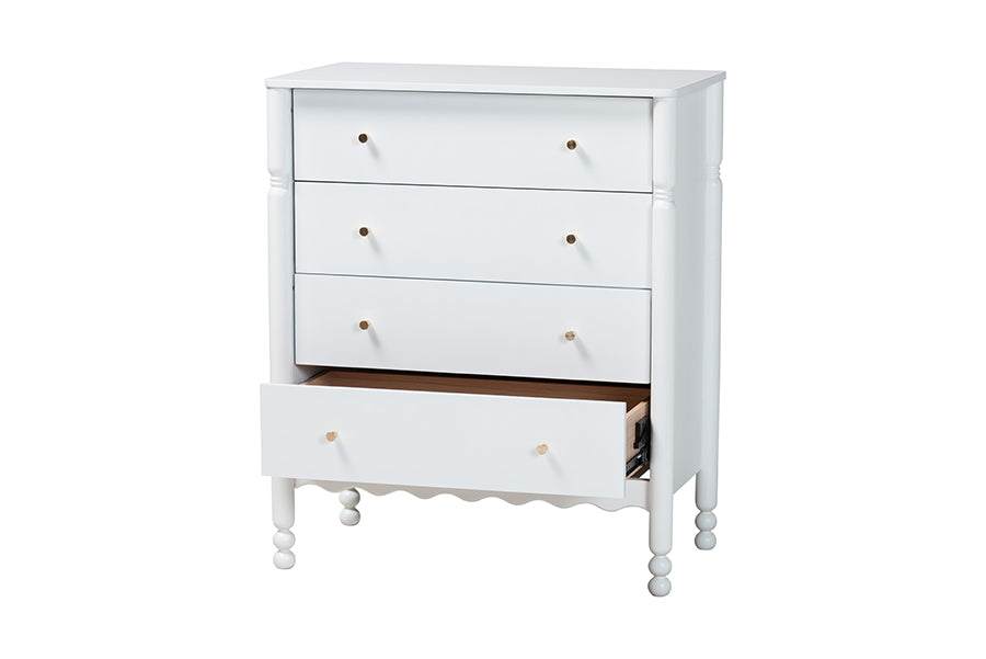 Baxton Studio Hoffman Chest - 4-Drawer Vertical Storage Cabinet with Scalloped Apron and Turned Legs for Bedroom, White
