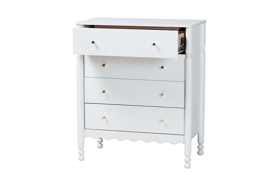 Baxton Studio Hoffman Chest - 4-Drawer Vertical Storage Cabinet with Scalloped Apron and Turned Legs for Bedroom, White