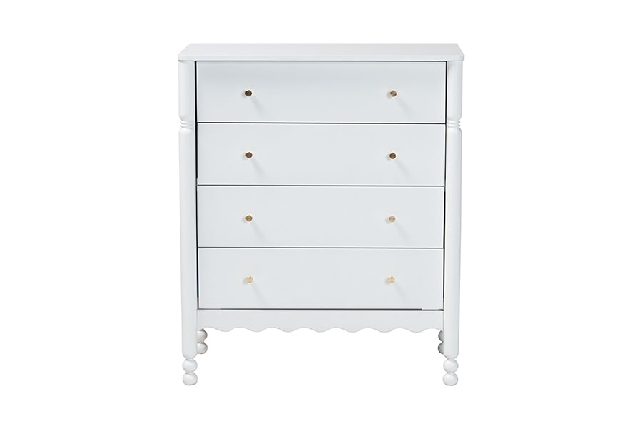 Baxton Studio Hoffman Chest - 4-Drawer Vertical Storage Cabinet with Scalloped Apron and Turned Legs for Bedroom, White