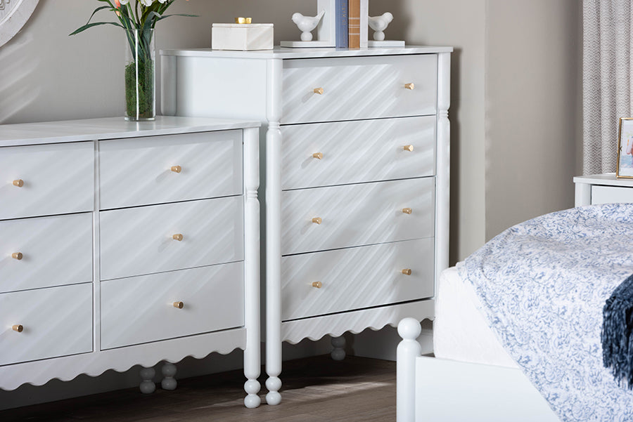 Baxton Studio Hoffman Chest - 4-Drawer Vertical Storage Cabinet with Scalloped Apron and Turned Legs for Bedroom, White