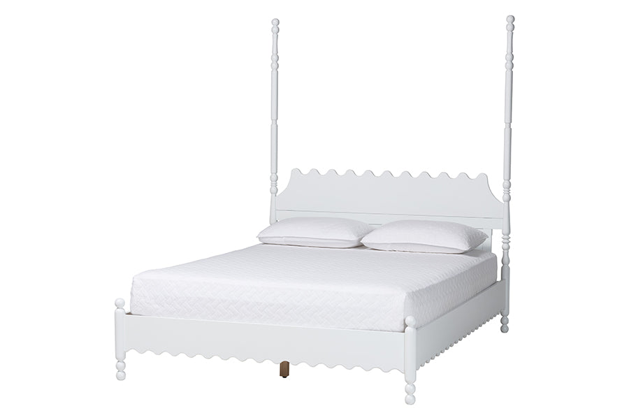 Baxton Studio Hoffman Platform Bed - Farmhouse Bed Frame with Scalloped Design and Turned Posts, White, King