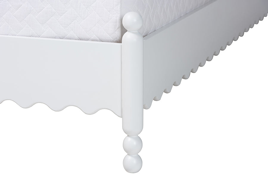 Baxton Studio Hoffman Platform Bed - Farmhouse Bed Frame with Scalloped Design and Turned Posts, White, Queen