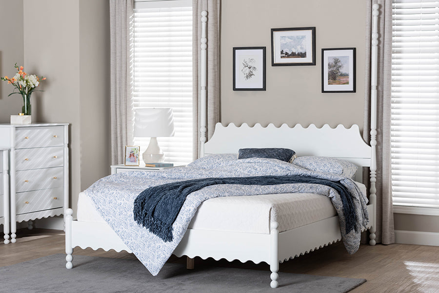 Baxton Studio Hoffman Platform Bed - Farmhouse Bed Frame with Scalloped Design and Turned Posts, White, King