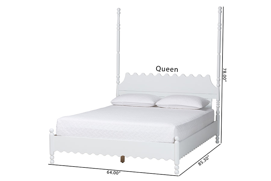 Baxton Studio Hoffman Platform Bed - Farmhouse Bed Frame with Scalloped Design and Turned Posts, White, Queen
