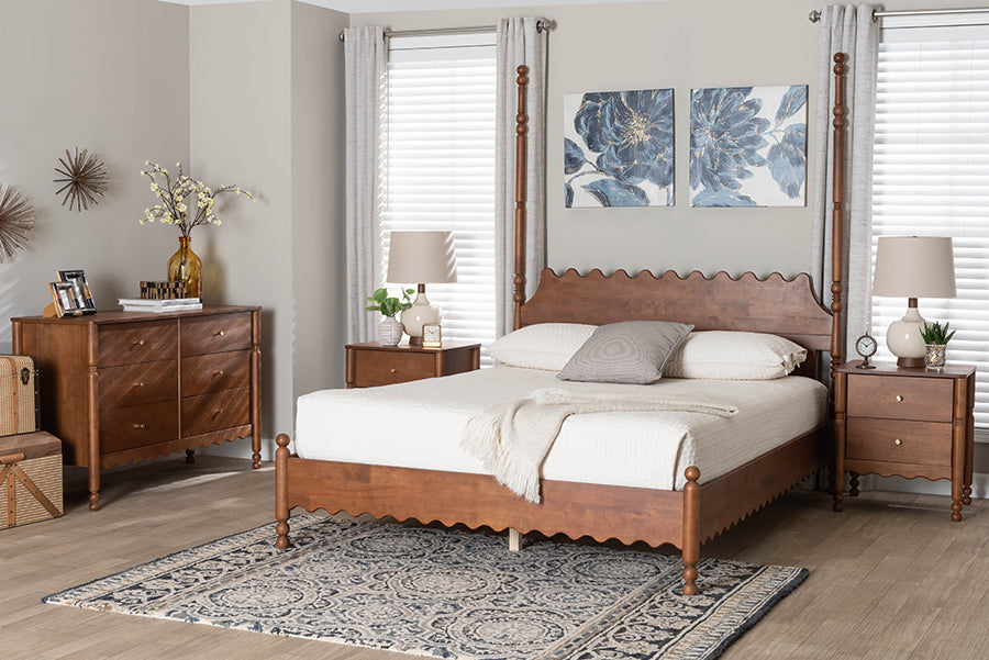 Baxton Studio Hoffman 4-Piece Scalloped Bedroom Set - Farmhouse Bed Frame with Matching Dresser and 2-Drawer Nightstands, Walnut Brown, King