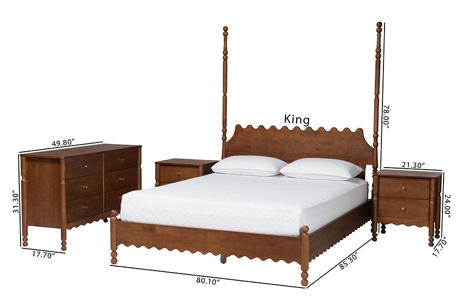 Baxton Studio Hoffman 4-Piece Scalloped Bedroom Set - Farmhouse Bed Frame with Matching Dresser and 2-Drawer Nightstands, Walnut Brown, King