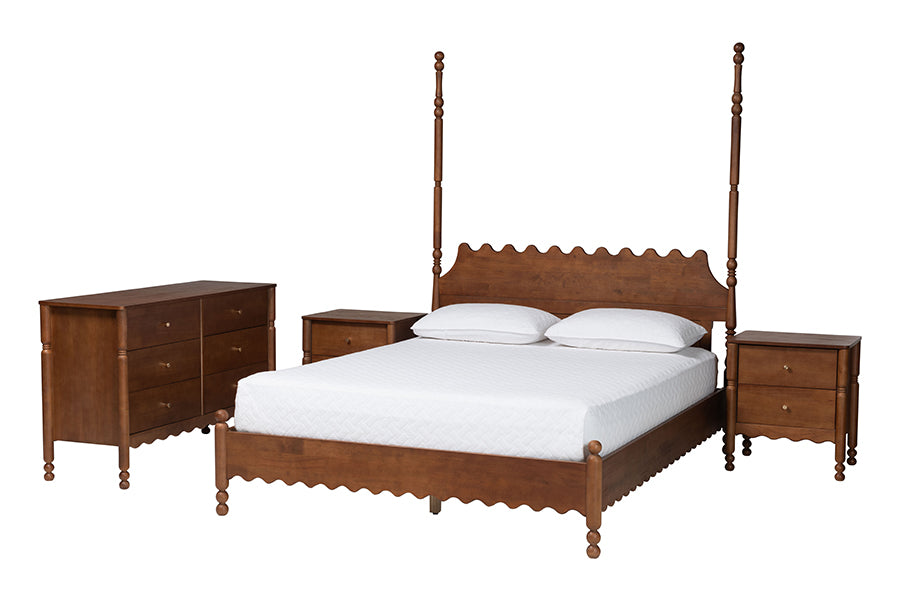 Baxton Studio Hoffman 4-Piece Scalloped Bedroom Set - Farmhouse Bed Frame with Matching Dresser and 2-Drawer Nightstands, Walnut Brown, King