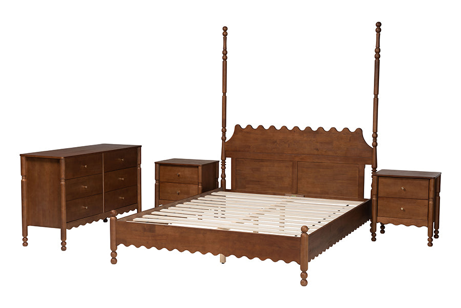 Baxton Studio Hoffman 4-Piece Scalloped Bedroom Set - Farmhouse Bed Frame with Matching Dresser and 2-Drawer Nightstands, Walnut Brown, King