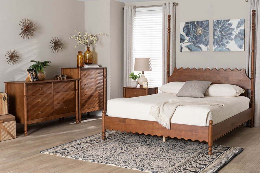 Baxton Studio Hoffman 4-Piece Scalloped Bedroom Set - Farmhouse Bed Frame with Matching Dresser, Chest, and 2-Drawer Nightstand, Walnut Brown, King