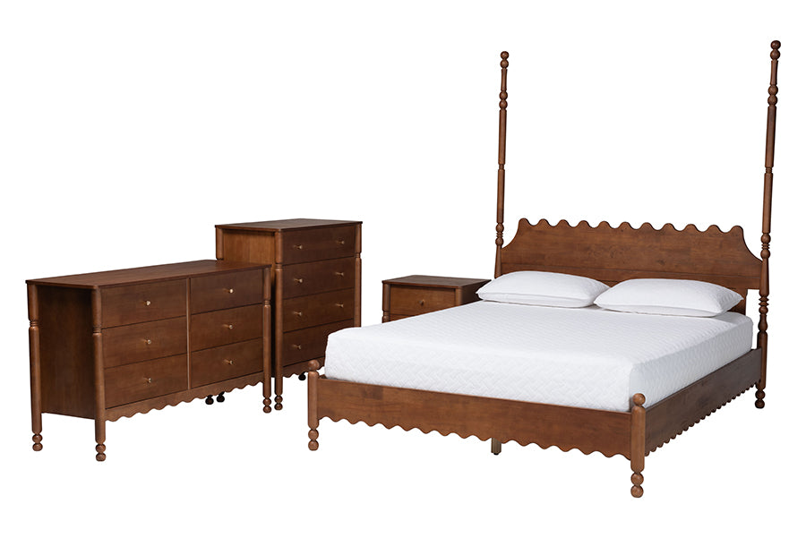 Baxton Studio Hoffman 4-Piece Scalloped Bedroom Set - Farmhouse Bed Frame with Matching Dresser, Chest, and 2-Drawer Nightstand, Walnut Brown, Queen