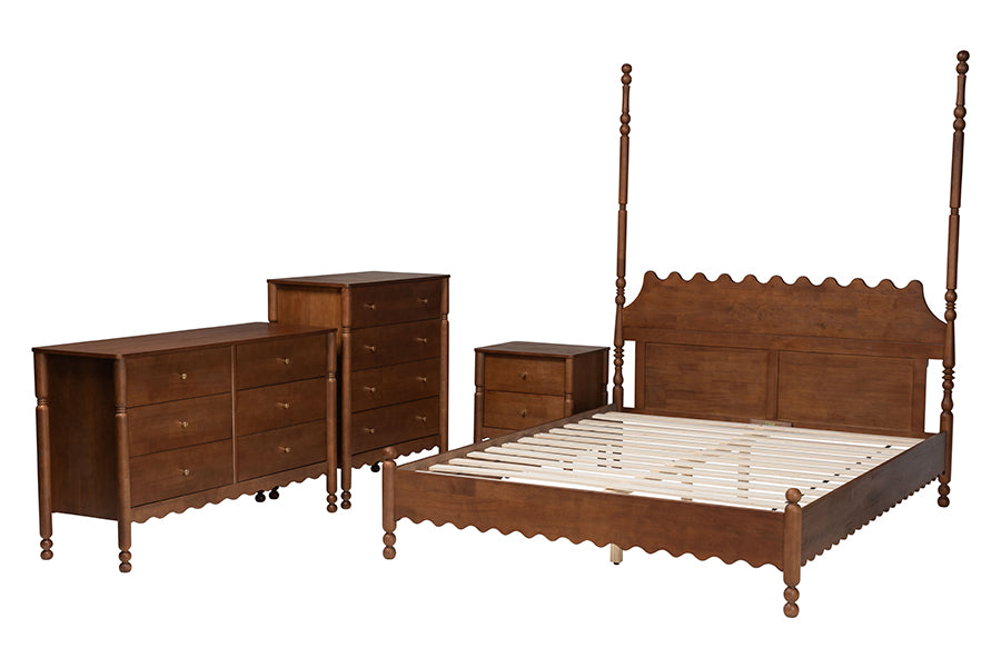 Baxton Studio Hoffman 4-Piece Scalloped Bedroom Set - Farmhouse Bed Frame with Matching Dresser, Chest, and 2-Drawer Nightstand, Walnut Brown, King