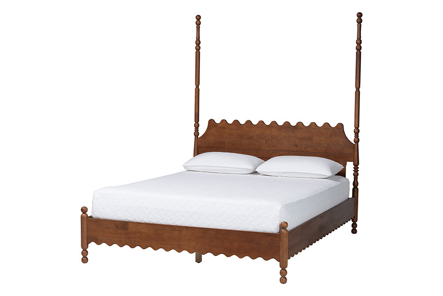 Baxton Studio Hoffman 4-Piece Scalloped Bedroom Set - Farmhouse Bed Frame with Matching Dresser, Chest, and 2-Drawer Nightstand, Walnut Brown, Queen