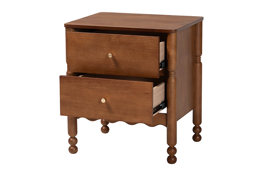 Baxton Studio Hoffman Nightstand - 2-Drawer Bedside Table with Scalloped Apron and Turned Legs for Bedroom, Walnut Brown