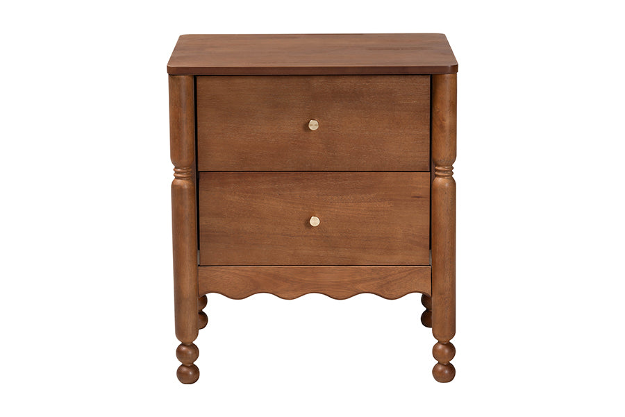 Baxton Studio Hoffman Nightstand - 2-Drawer Bedside Table with Scalloped Apron and Turned Legs for Bedroom, Walnut Brown