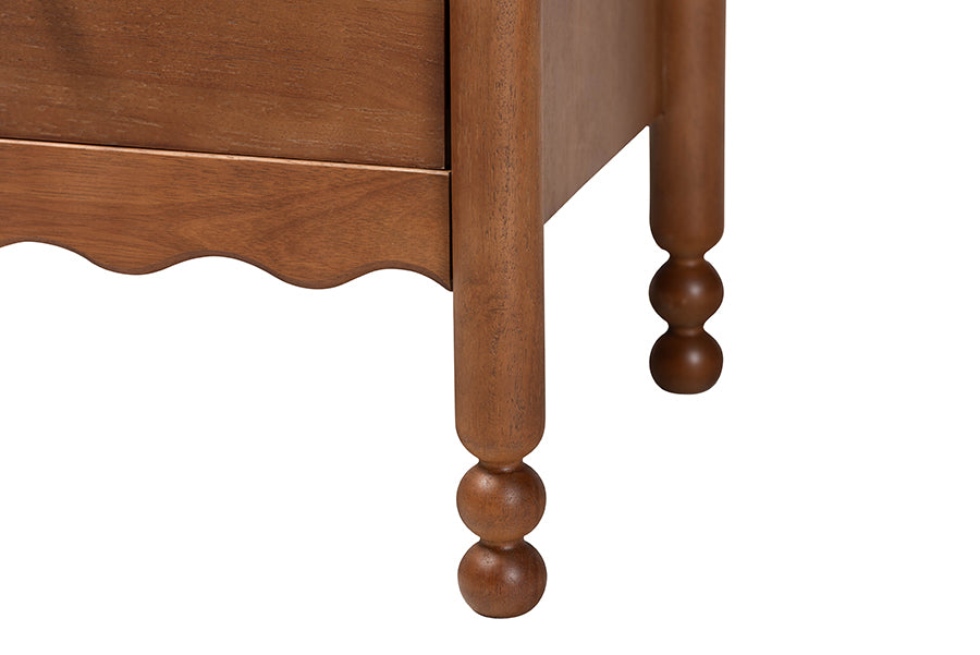 Baxton Studio Hoffman Nightstand - 2-Drawer Bedside Table with Scalloped Apron and Turned Legs for Bedroom, Walnut Brown