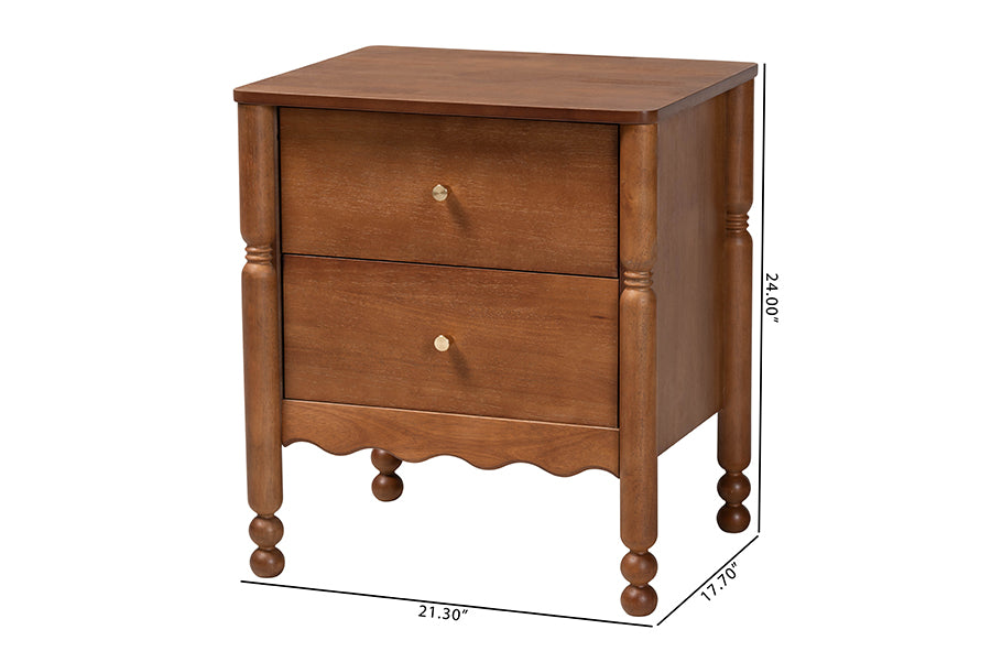 Baxton Studio Hoffman Nightstand - 2-Drawer Bedside Table with Scalloped Apron and Turned Legs for Bedroom, Walnut Brown