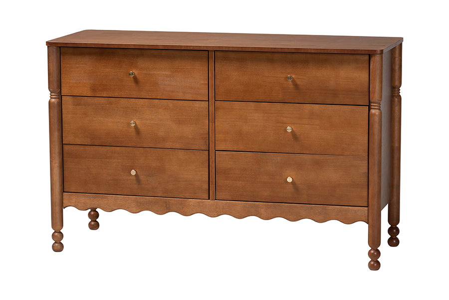 Baxton Studio Hoffman Dresser - 6-Drawer Horizontal Storage Cabinet with Scalloped Apron and Turned Legs for Bedroom, Walnut Brown
