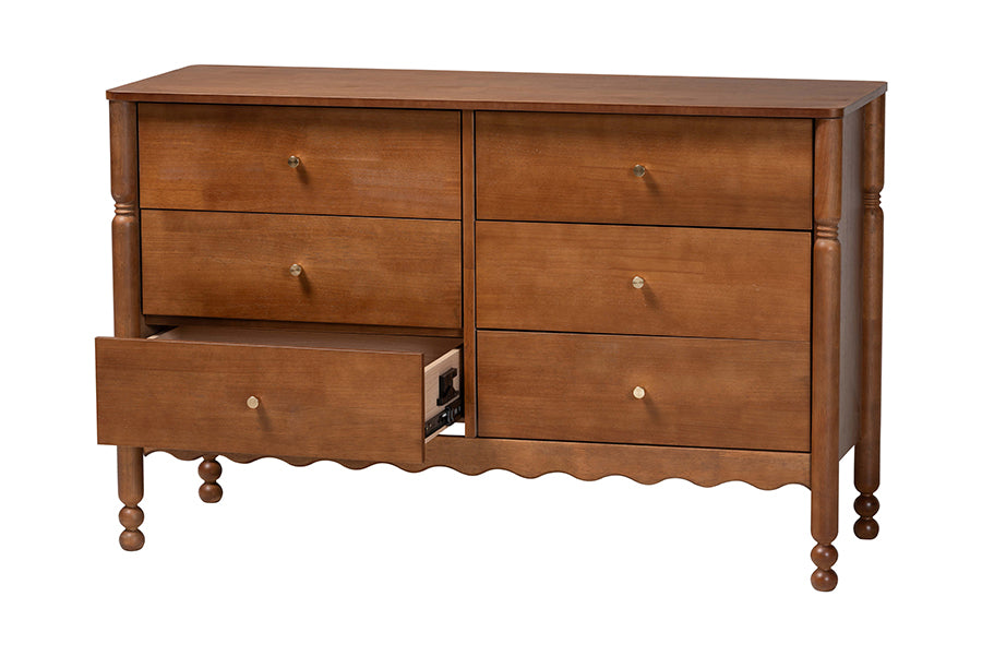 Baxton Studio Hoffman Dresser - 6-Drawer Horizontal Storage Cabinet with Scalloped Apron and Turned Legs for Bedroom, Walnut Brown