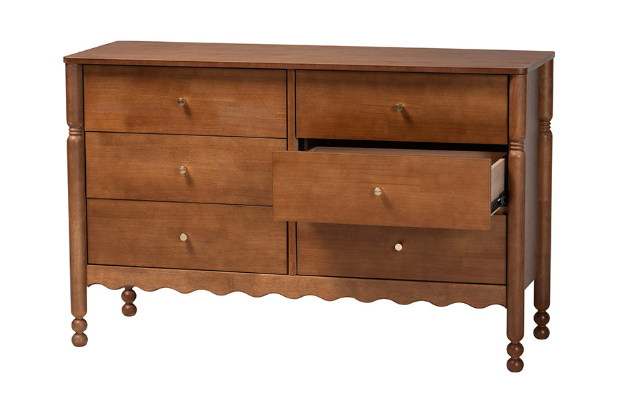 Baxton Studio Hoffman Dresser - 6-Drawer Horizontal Storage Cabinet with Scalloped Apron and Turned Legs for Bedroom, Walnut Brown