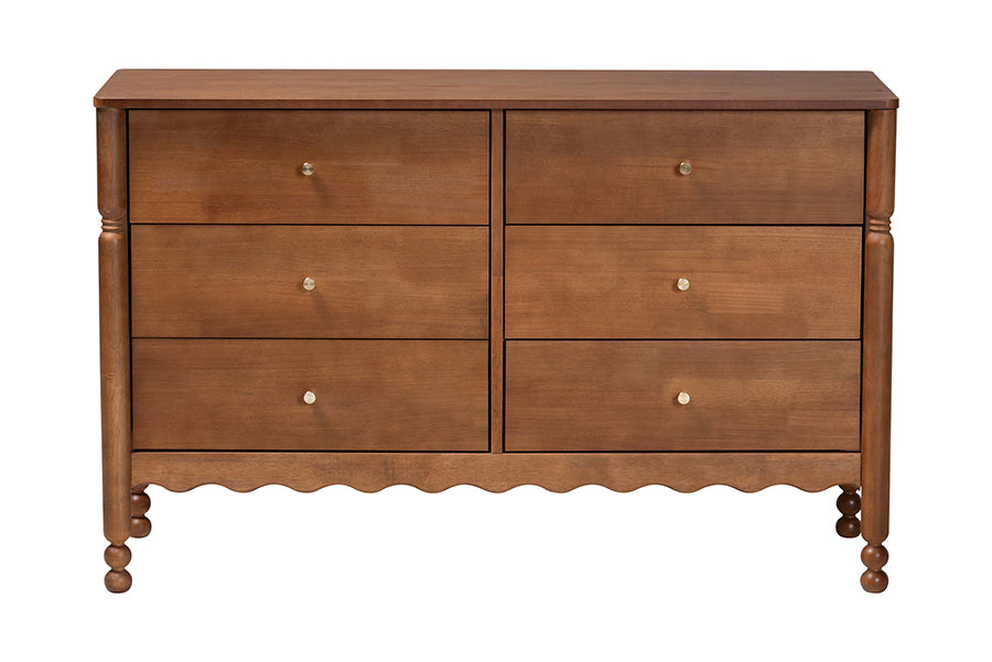 Baxton Studio Hoffman Dresser - 6-Drawer Horizontal Storage Cabinet with Scalloped Apron and Turned Legs for Bedroom, Walnut Brown
