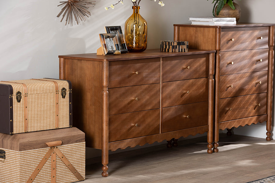 Baxton Studio Hoffman Dresser - 6-Drawer Horizontal Storage Cabinet with Scalloped Apron and Turned Legs for Bedroom, Walnut Brown