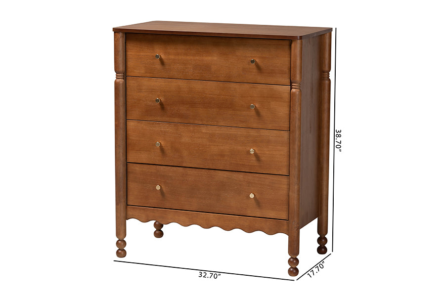 Baxton Studio Hoffman Chest - 4-Drawer Vertical Storage Cabinet with Scalloped Apron and Turned Legs for Bedroom, Walnut Brown