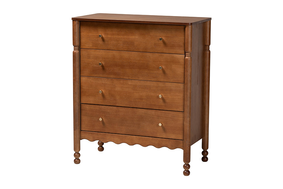 Baxton Studio Hoffman Chest - 4-Drawer Vertical Storage Cabinet with Scalloped Apron and Turned Legs for Bedroom, Walnut Brown