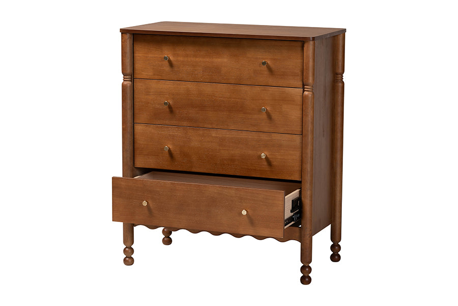 Baxton Studio Hoffman Chest - 4-Drawer Vertical Storage Cabinet with Scalloped Apron and Turned Legs for Bedroom, Walnut Brown