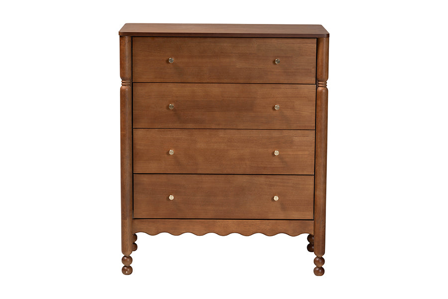 Baxton Studio Hoffman Chest - 4-Drawer Vertical Storage Cabinet with Scalloped Apron and Turned Legs for Bedroom, Walnut Brown