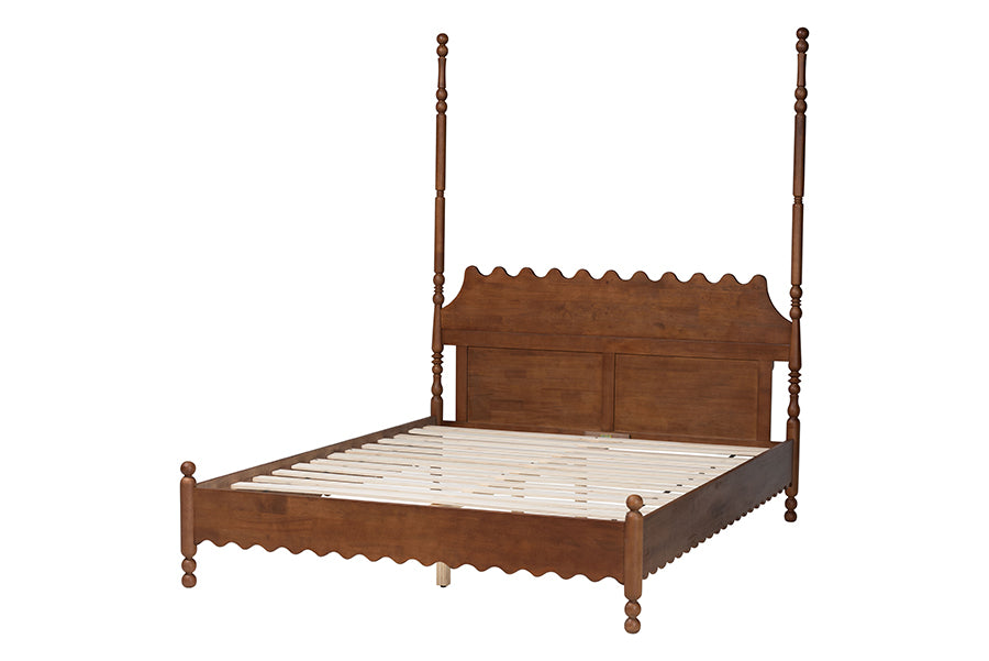 Baxton Studio Hoffman Platform Bed - Farmhouse Bed Frame with Scalloped Design and Turned Posts, Walnut Brown, Queen