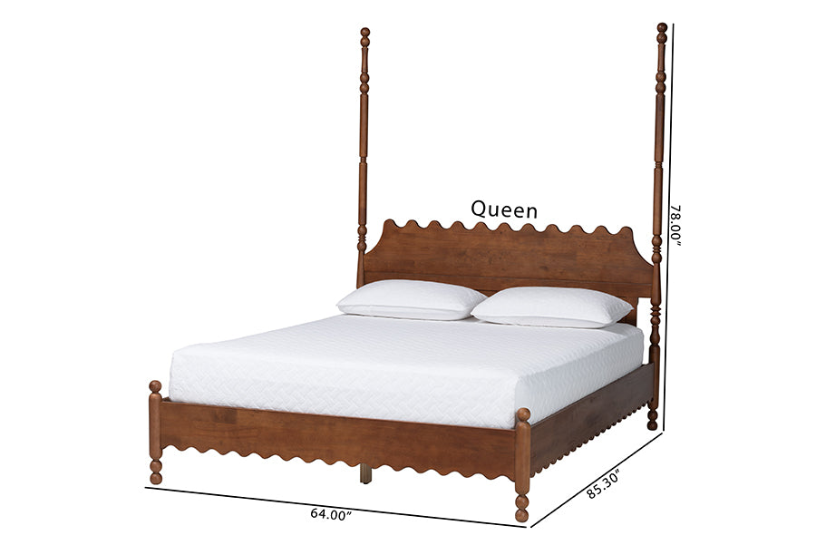 Baxton Studio Hoffman Platform Bed - Farmhouse Bed Frame with Scalloped Design and Turned Posts, Walnut Brown, Queen