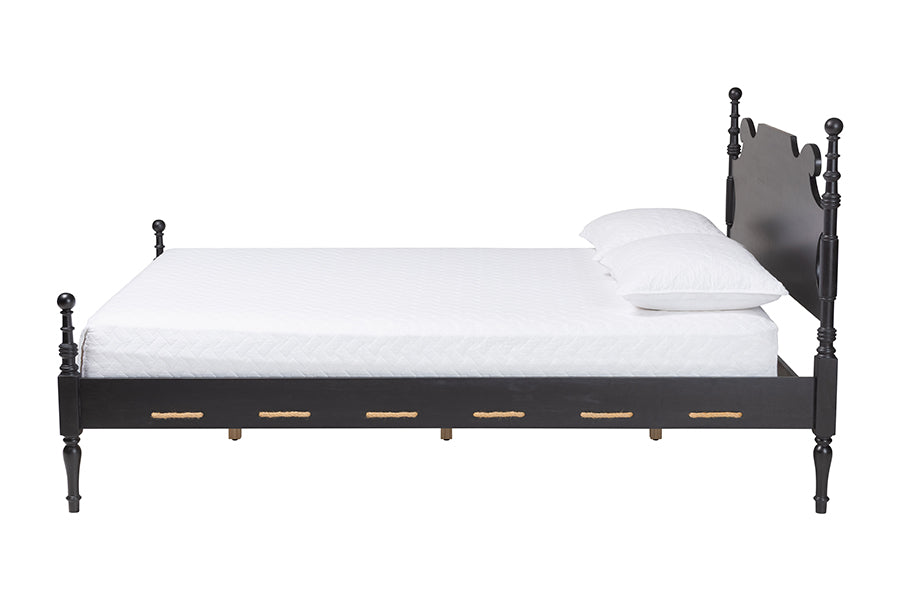 Baxton Studio Gaetano Platform Bed - Four Poster Bed Frame with Turned Posts and Panel Headboard for Bedroom, Black, Queen