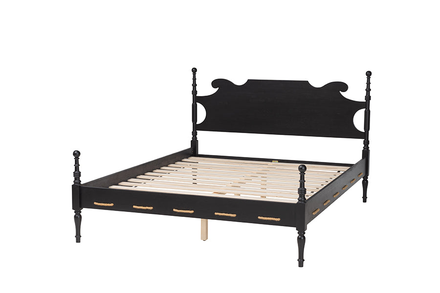 Baxton Studio Gaetano Platform Bed - Four Poster Bed Frame with Turned Posts and Panel Headboard for Bedroom, Black, Queen