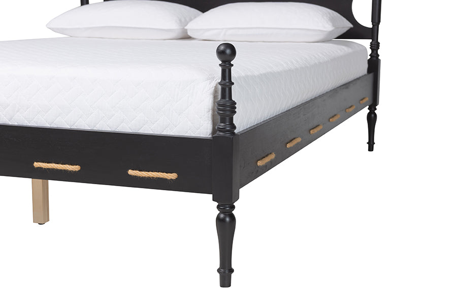 Baxton Studio Gaetano Platform Bed - Four Poster Bed Frame with Turned Posts and Panel Headboard for Bedroom, Black, Queen