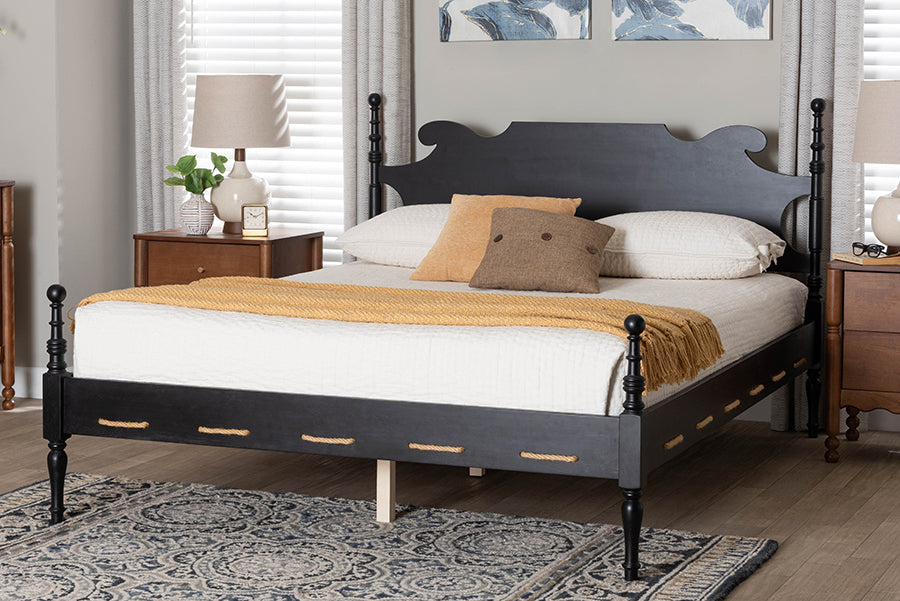 Baxton Studio Gaetano Platform Bed - Four Poster Bed Frame with Turned Posts and Panel Headboard for Bedroom, Black, Queen