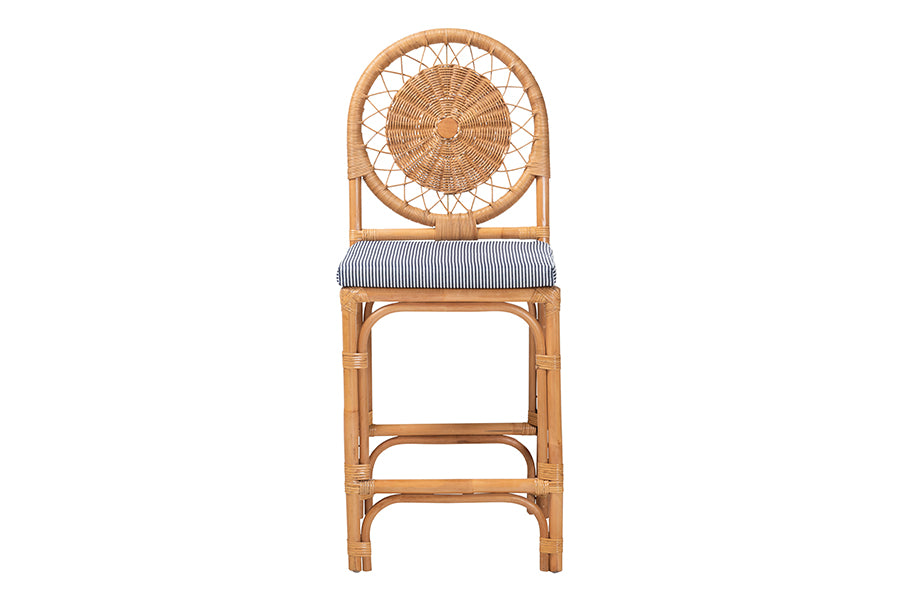 bali & pari Oberon Natural Rattan Counter Stool with Cushion - Handwoven Wicker Kitchen Island Seating with Sunburst Backrest