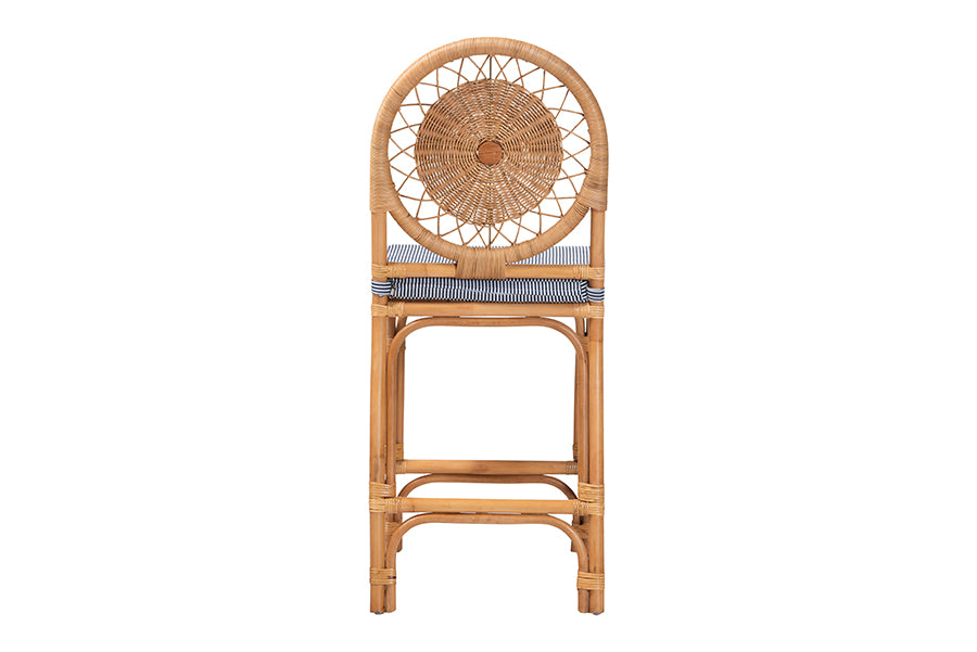 bali & pari Oberon Natural Rattan Counter Stool with Cushion - Handwoven Wicker Kitchen Island Seating with Sunburst Backrest