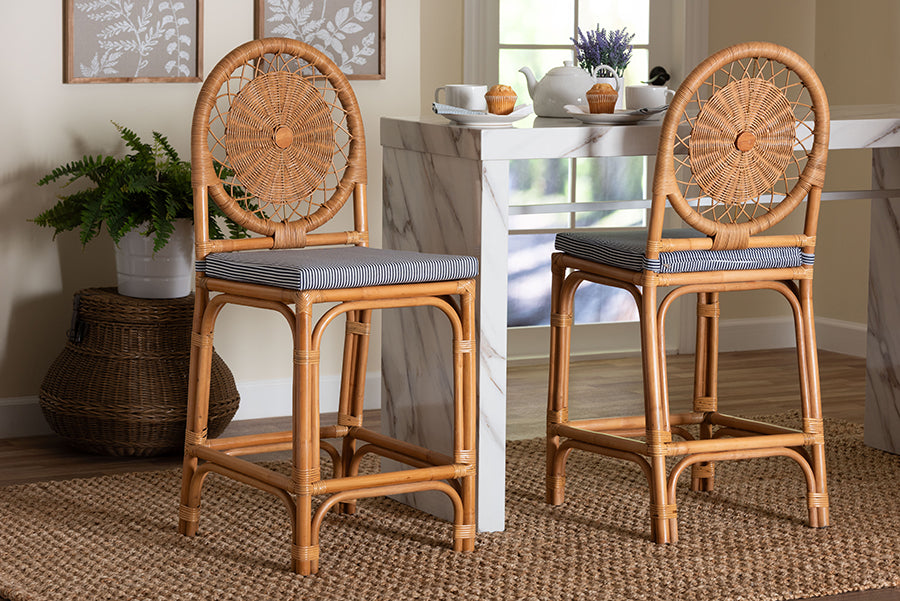 bali & pari Oberon Natural Rattan Counter Stool with Cushion - Handwoven Wicker Kitchen Island Seating with Sunburst Backrest