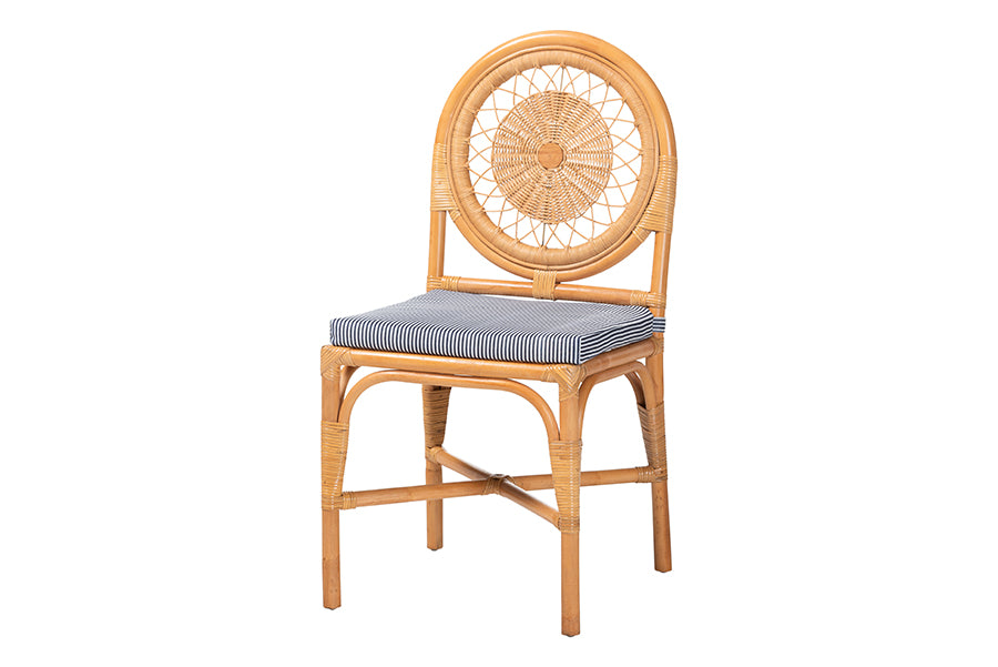 bali & pari Oberon Natural Rattan Dining Chair with Cushion - Handwoven Wicker Bistro Accent Seating with Sunburst Backrest
