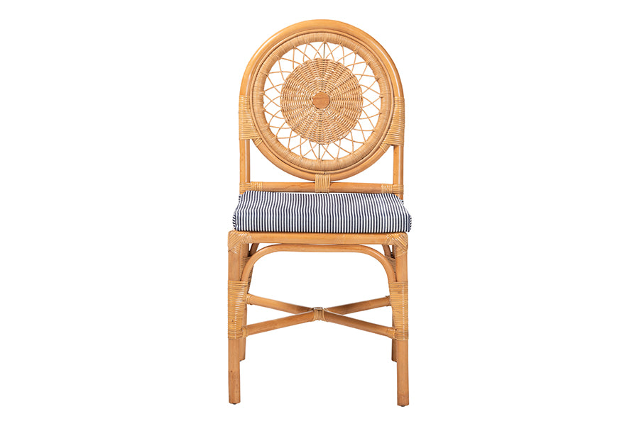 bali & pari Oberon Natural Rattan Dining Chair with Cushion - Handwoven Wicker Bistro Accent Seating with Sunburst Backrest