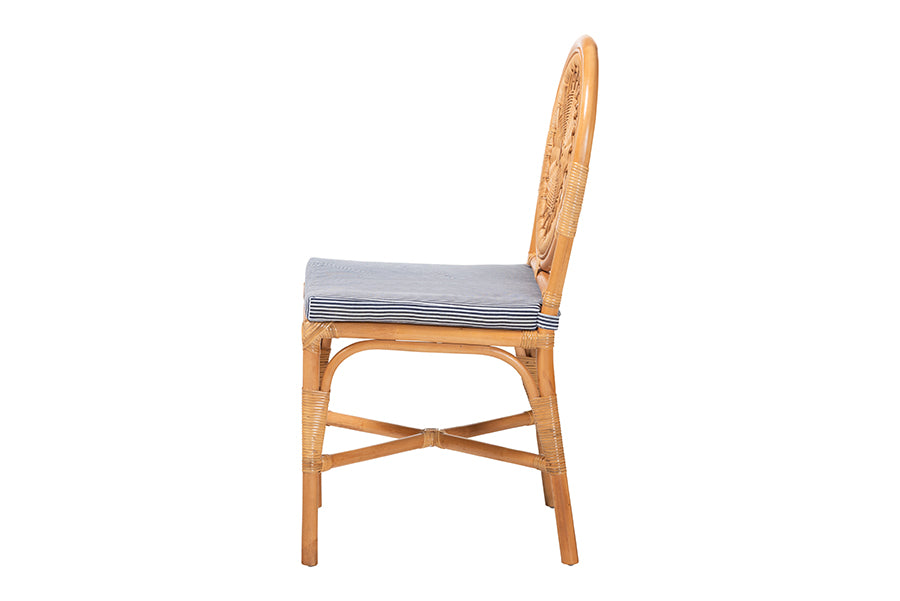 bali & pari Oberon Natural Rattan Dining Chair with Cushion - Handwoven Wicker Bistro Accent Seating with Sunburst Backrest