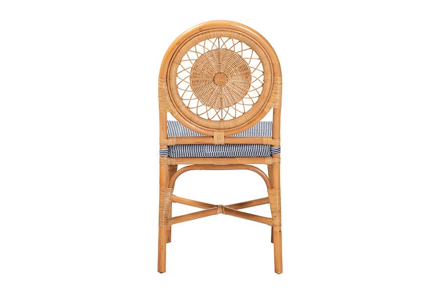 bali & pari Oberon Natural Rattan Dining Chair with Cushion - Handwoven Wicker Bistro Accent Seating with Sunburst Backrest