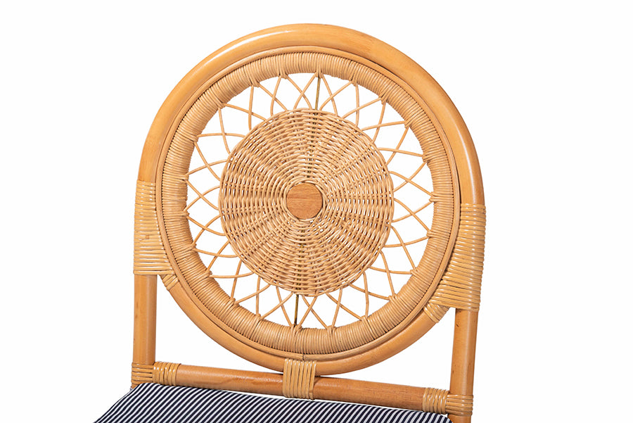 bali & pari Oberon Natural Rattan Dining Chair with Cushion - Handwoven Wicker Bistro Accent Seating with Sunburst Backrest